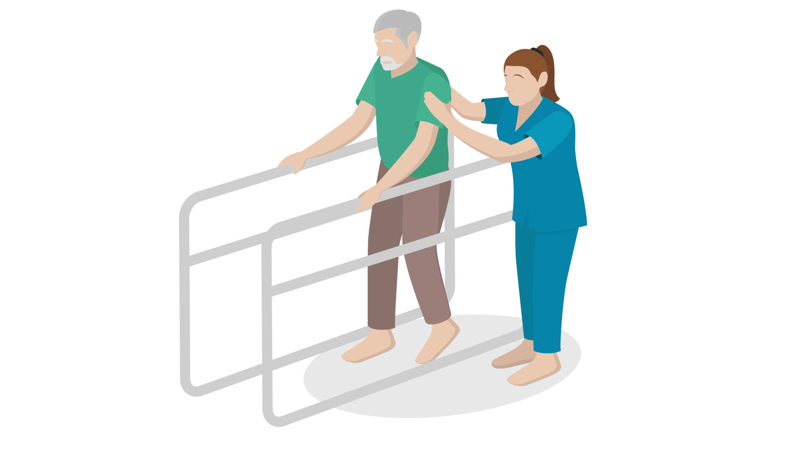 Diagram of Physiotherapist assisting a patient in a walking balancing exercise